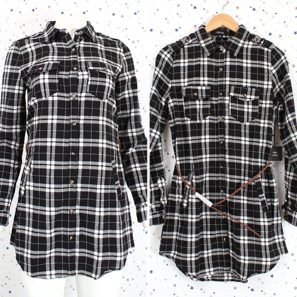 Plaid Button Up Shirt Dress with Belt Black White - Picture 1 of 10